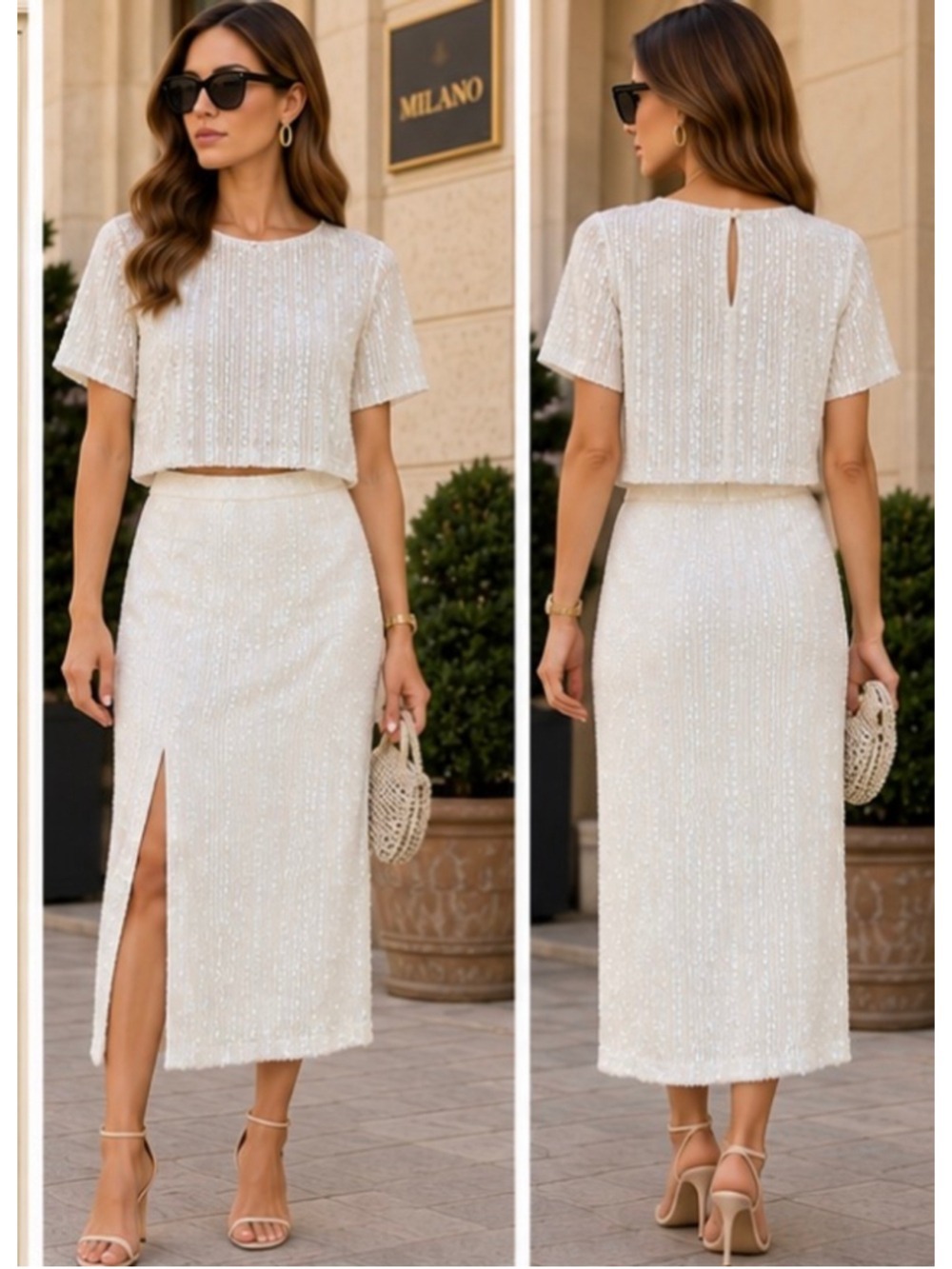 Retrofete Sequin Midi Skirt, Size S, White New!